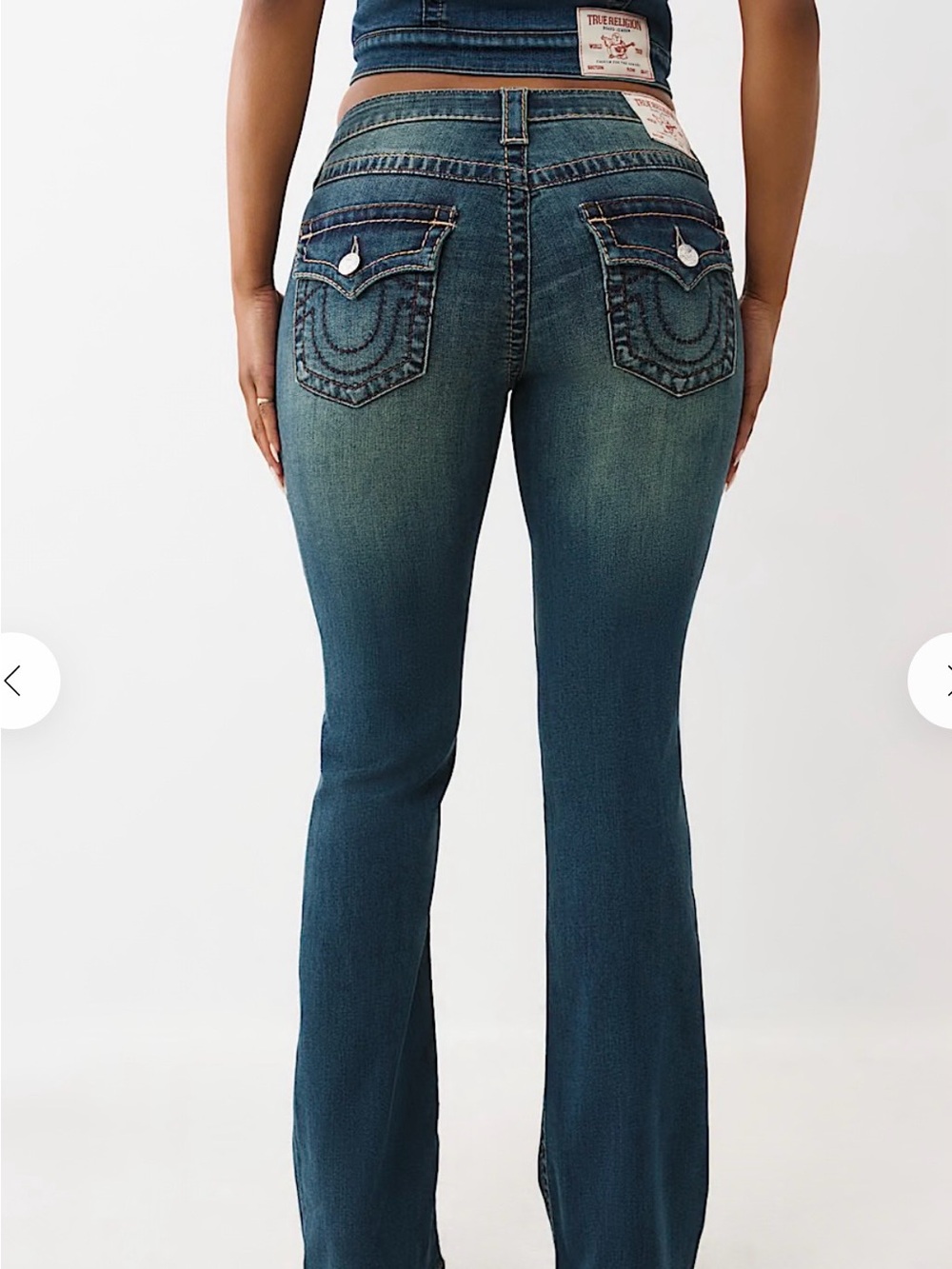 True Religion Teal Blue Flare Jeans with Signature Pocket Stitching